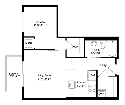 Floor plan for 1 bed, 1 bath, 637 sqft